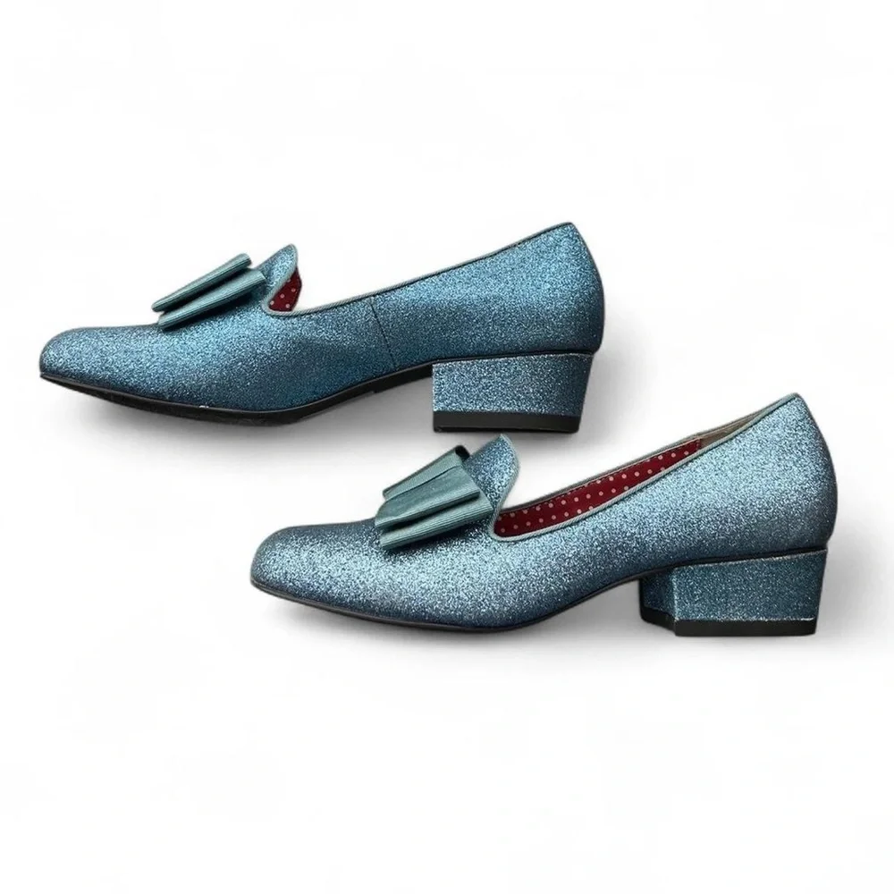 B.a.i.t. Sparkly glitter Blue Loafers with Bow Detail and kitten heel - Picture 2 of 4